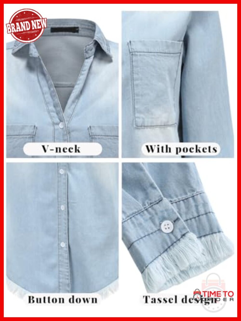 Denim Shirt Dress Long Sleeve Button Down Casual Tunic Top - Picture 3 of 6